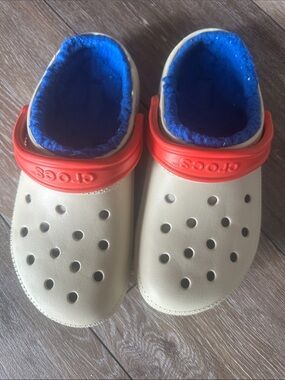 CROCS Cream Mules with Red Heel Strap and Blue Fleece Lining